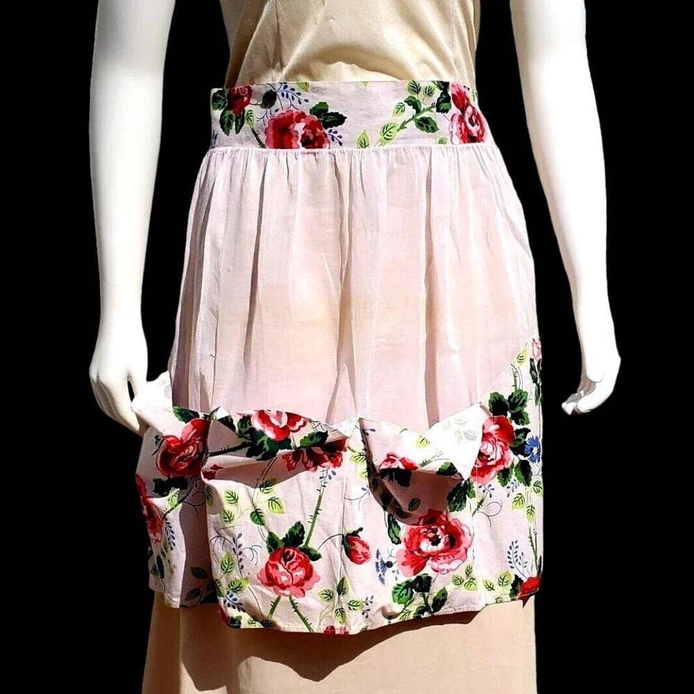 Vintage Apron 30s 40s Pale Pink Floral Sheer Pockets S M